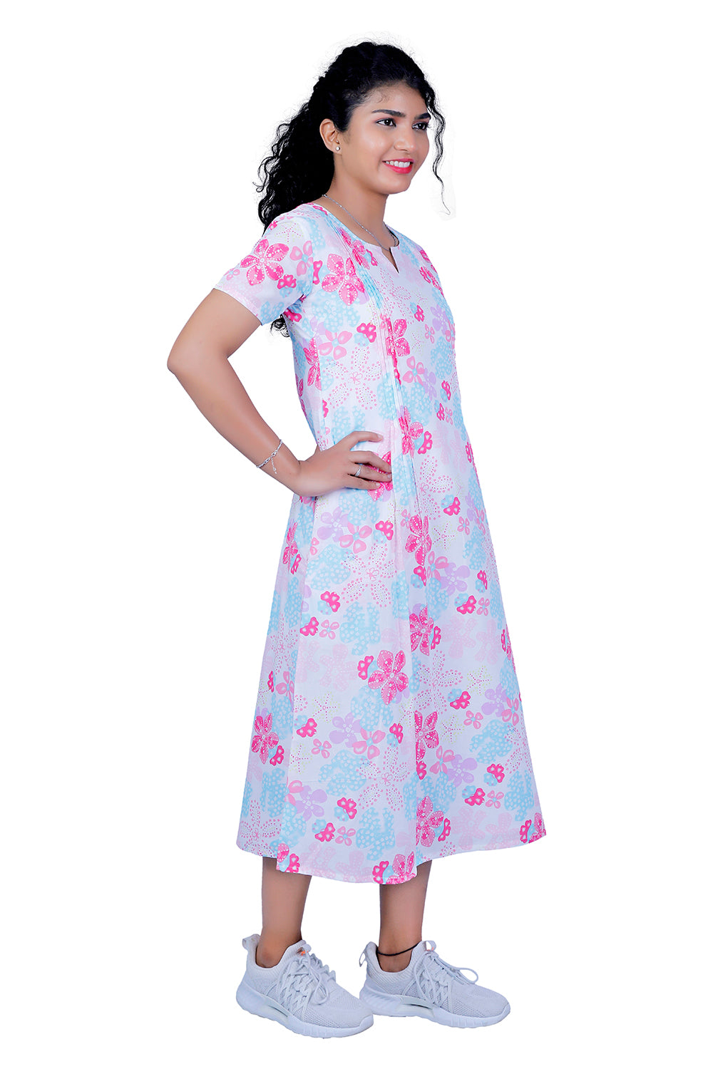 Womens Cotton White with Pink Floral Print A Line Kurti | S3X141