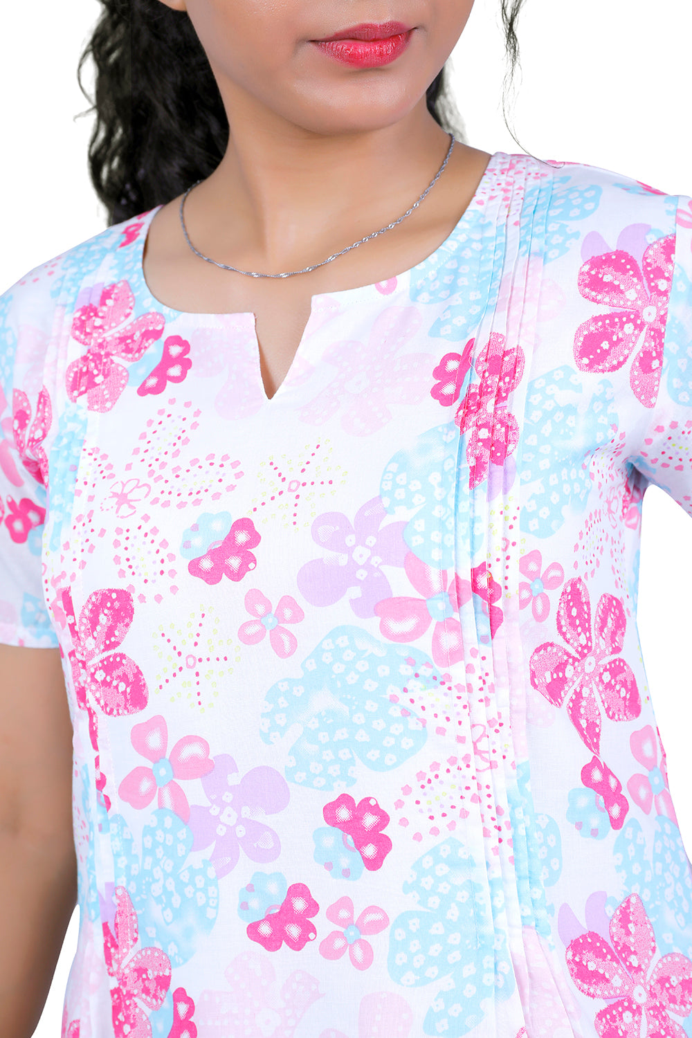 Women’s Cotton White A-Line Kurti with Pink Floral Print – Breezy & Beautiful | S3X141