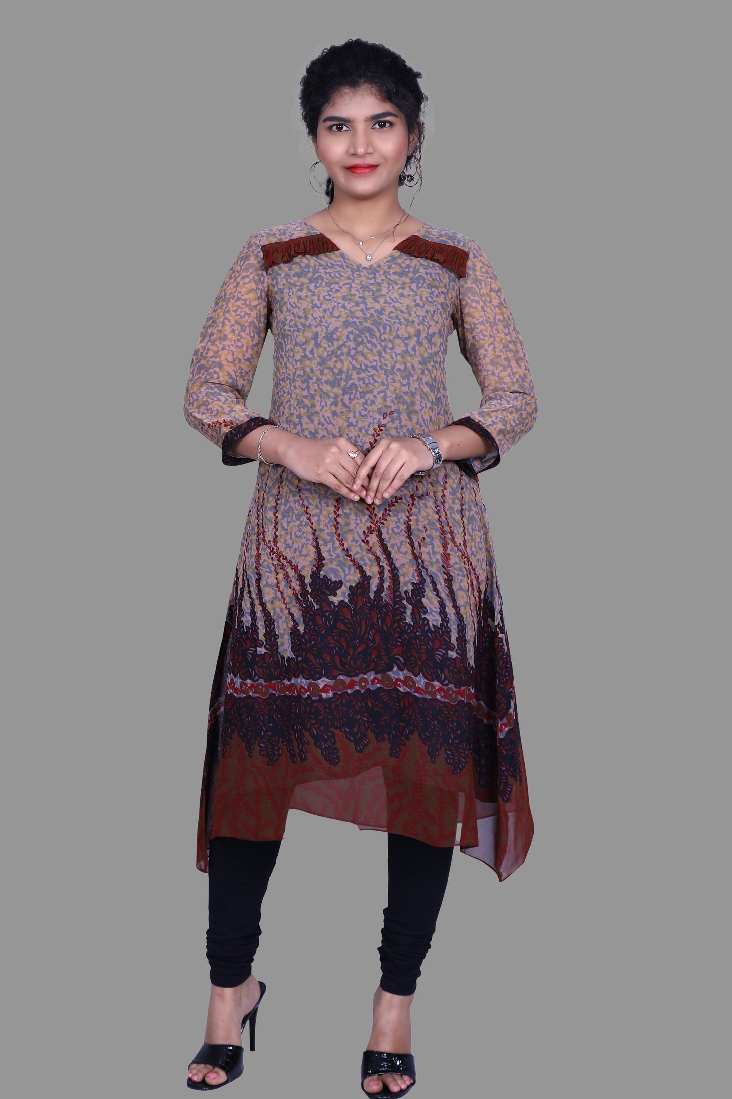 Grey and Maroon Abstract Print A-line Kurti | S3G880