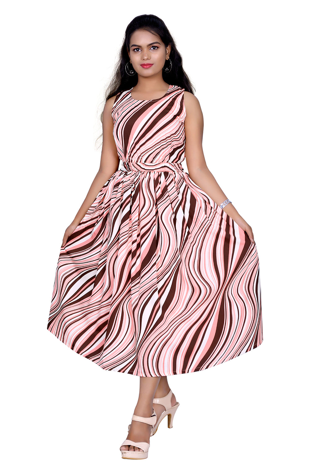 Womens Crape Brown and Peach Striped Maxi | S3G940