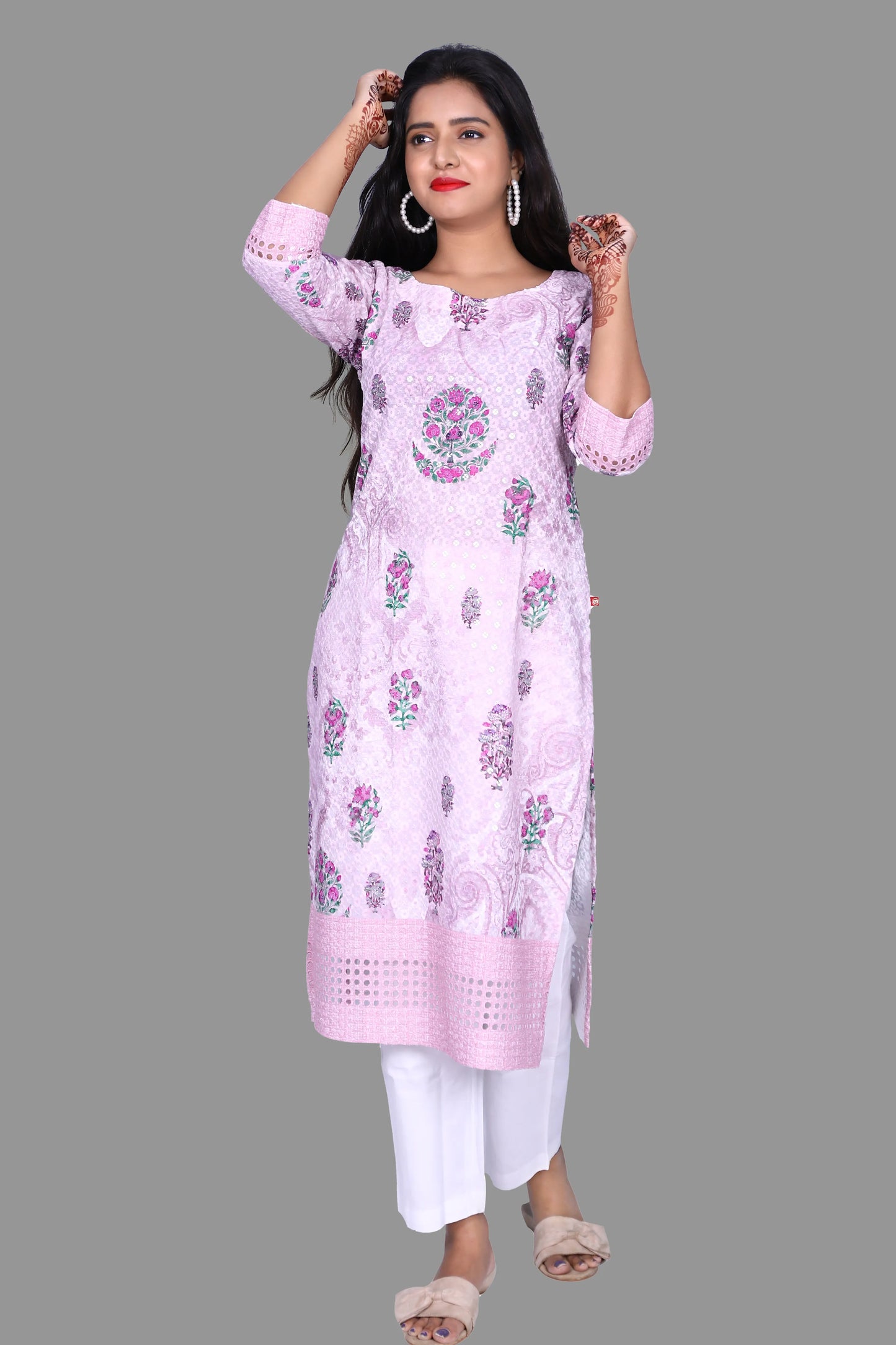 Womens Chikankari Pink Sequin with Thread Embroidery Kurti | S3K973