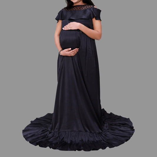 High Round Neck WIth Cold Shoulder Sleeves Party Wear Maternity Gown |  S3MG1039