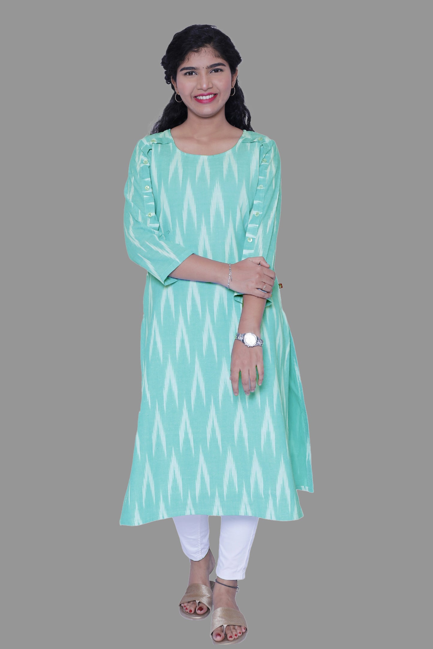 Women Ikkat Pure Cotton Straight Kurta( AquaBlue) | S3K596