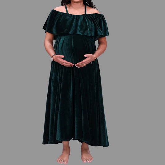 Bottle Green Half Shoulder Maternity Party Maxi. | S3MG1036