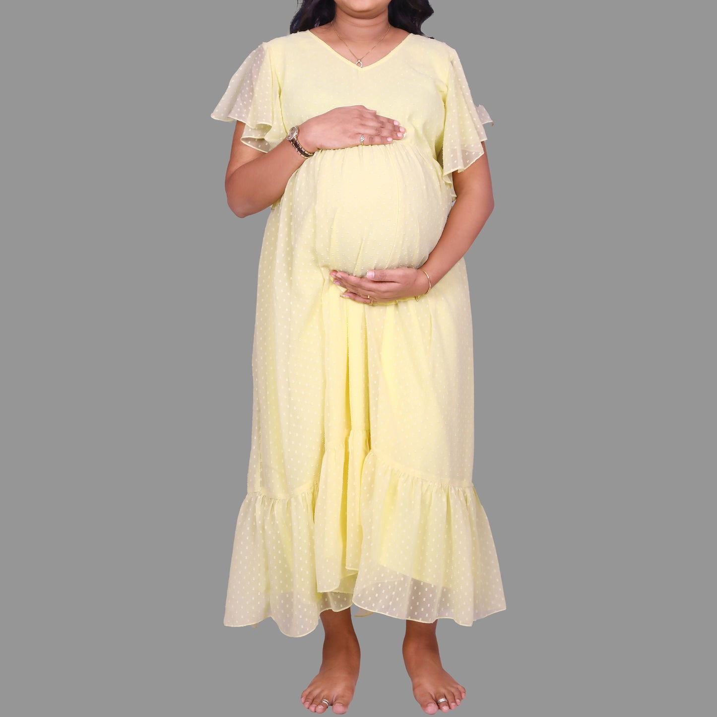 Cream Butta Georgette Gown with Butterfly Hands | S3MGCREAM