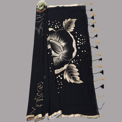 Silk saree, Color - black and floral gold