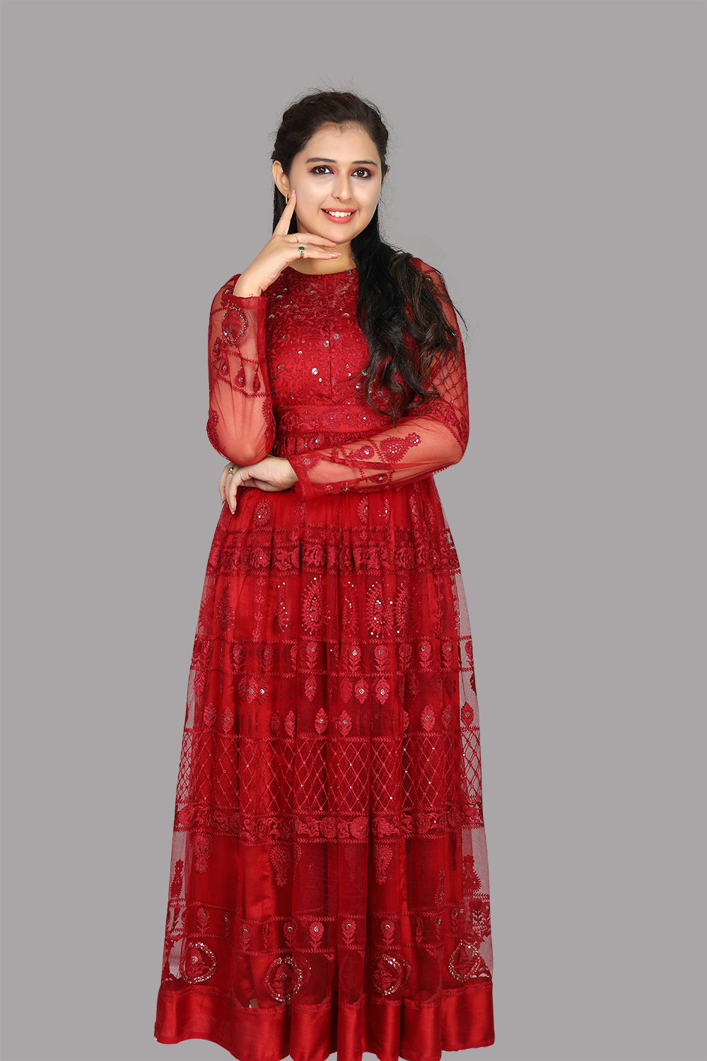 Red netted sequin gown