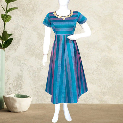 Women's Green Short Sleeves Gown with Maggam Work Neck Design | S3KWGGM