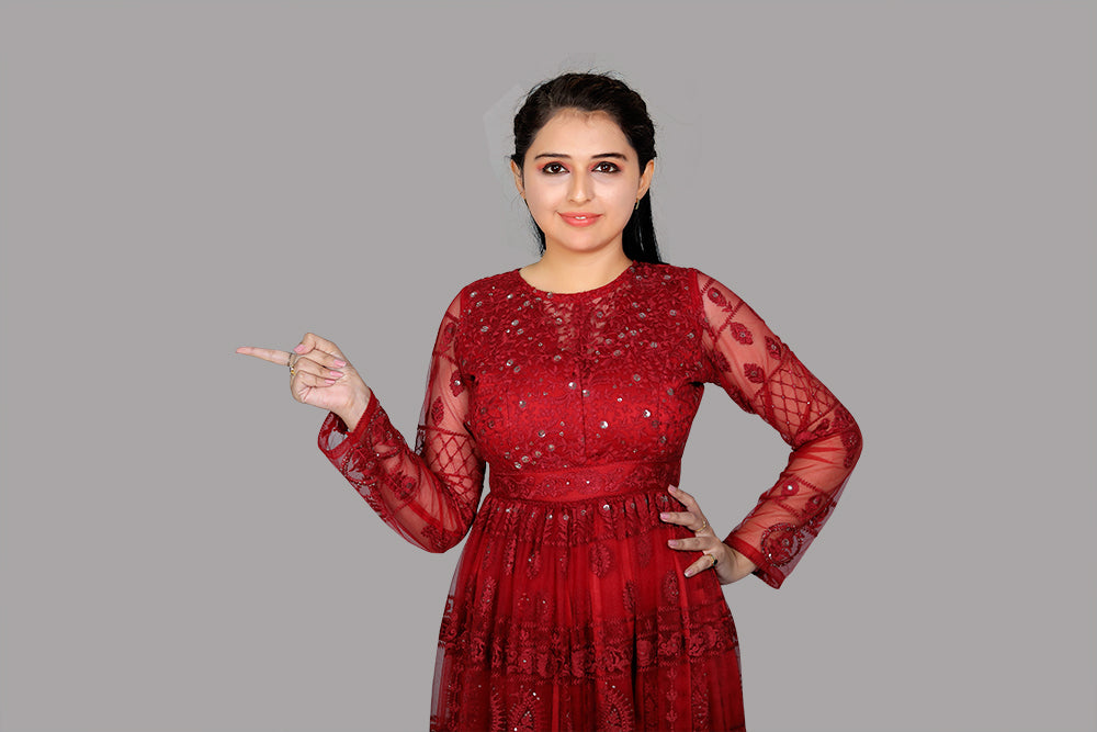 Red netted sequin gown