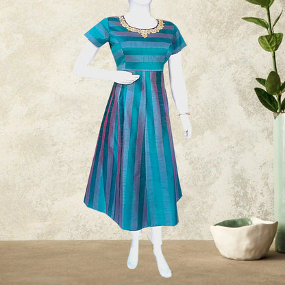 Women's Green Short Sleeves Gown with Maggam Work Neck Design | S3KWGGM