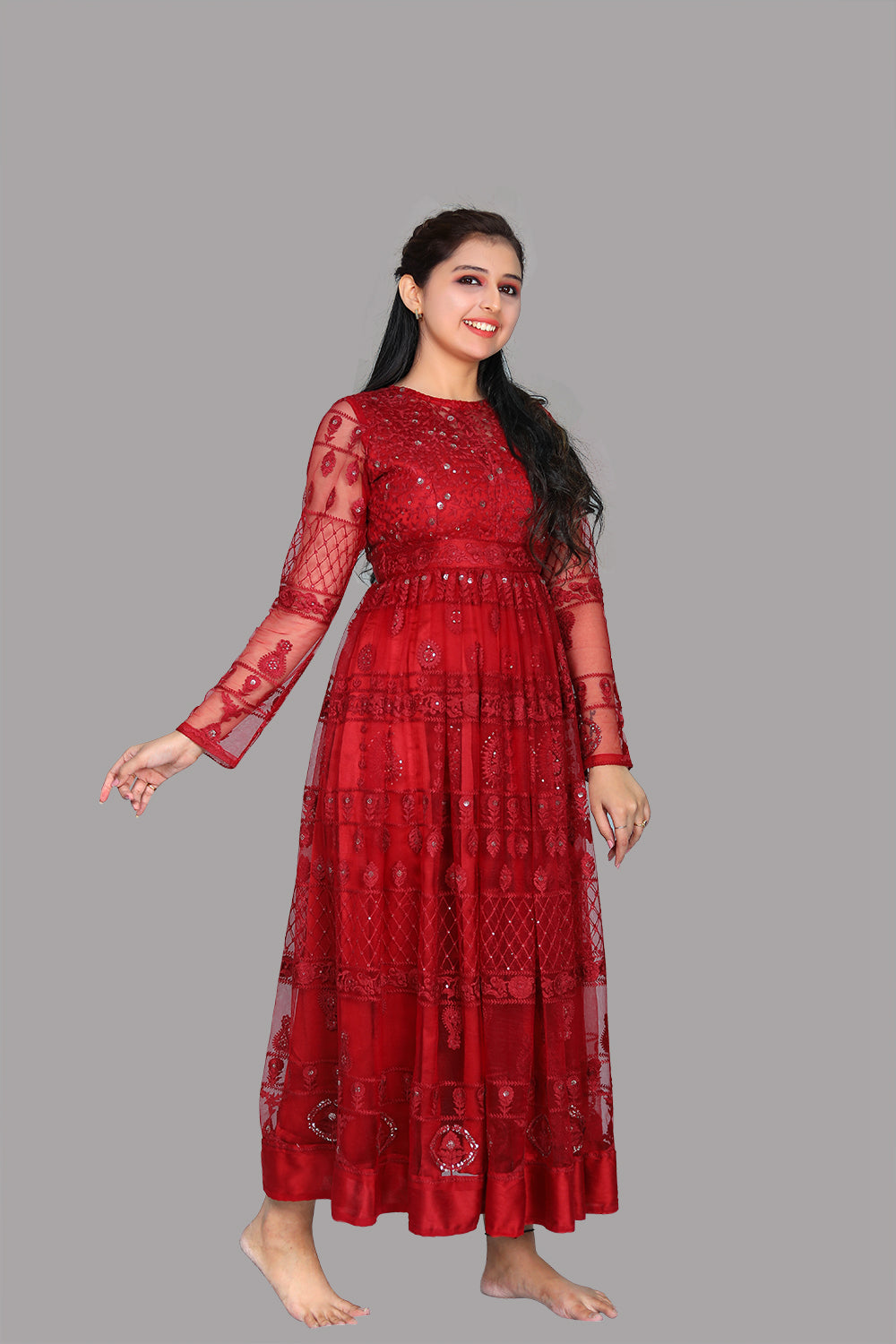 Red netted sequin gown