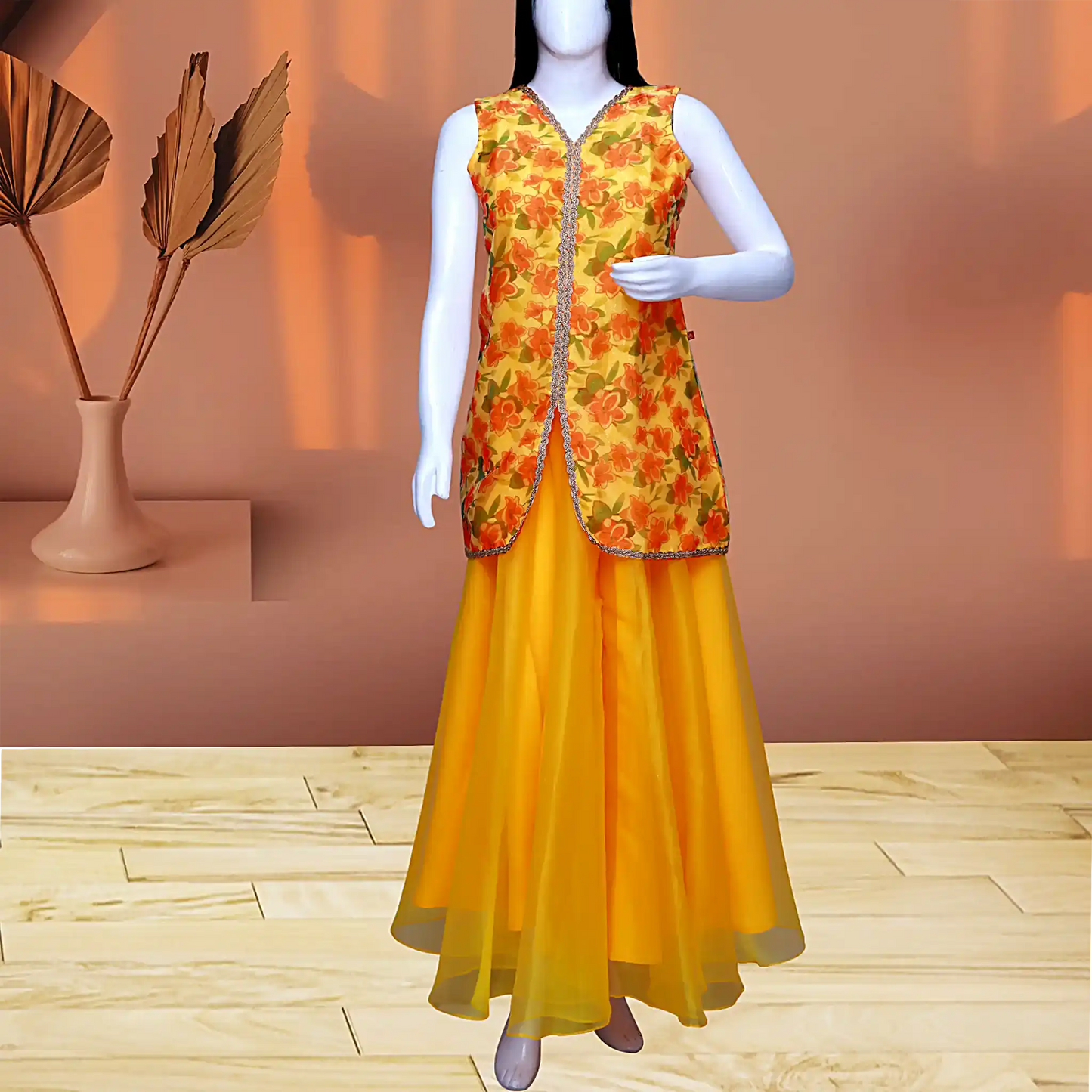 Yellow Floral Print Kurta with Skirt | S3TS1256