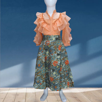 Peach Frilly Top And Printed Lehenga