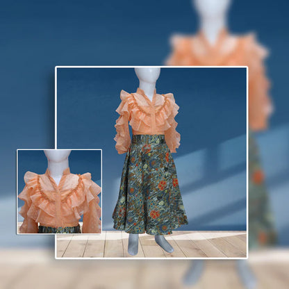 Peach Frilly Top And Printed Lehenga