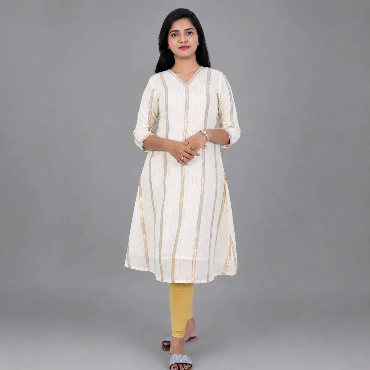 Half White & Multicolor Striped A-line Kurta | S3X164