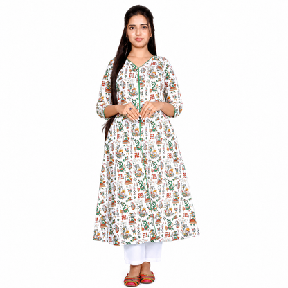 Printed Cotton White Front Slit Kurta | S3K776