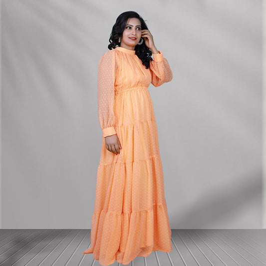 Orange Gathered Balloon Sleeves Maxi Gown | S3G1288