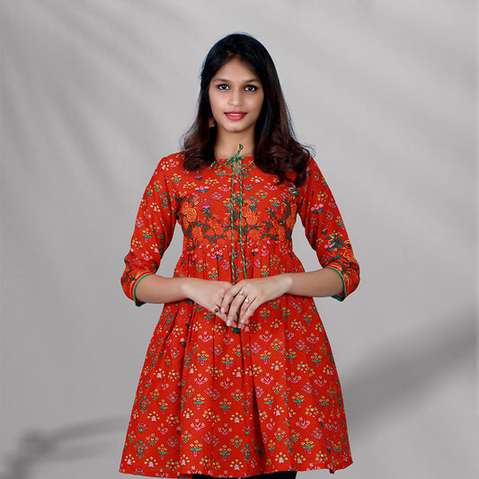 Orange floral printed short kurti