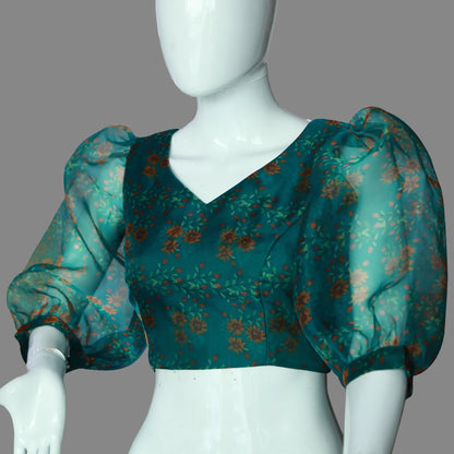 Bottle Green Organza Floral Print Puffy Sleeves Blouse | S3B1209A