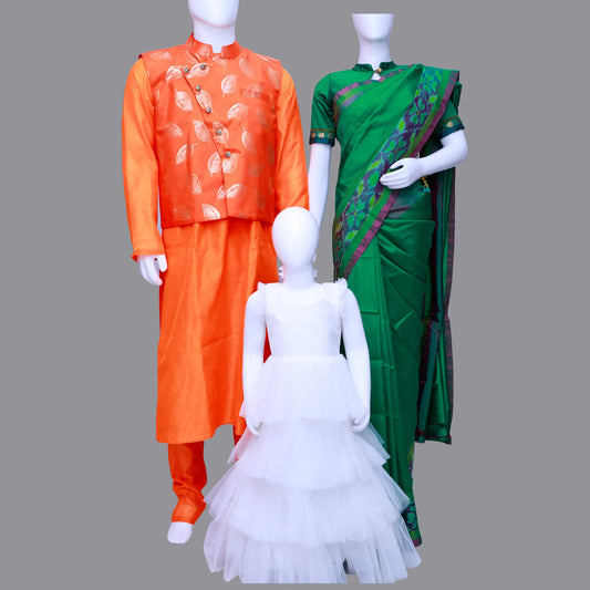 Men's Sherwani,Women's Green Saree and Baby Girl Combo | S3ORANGE