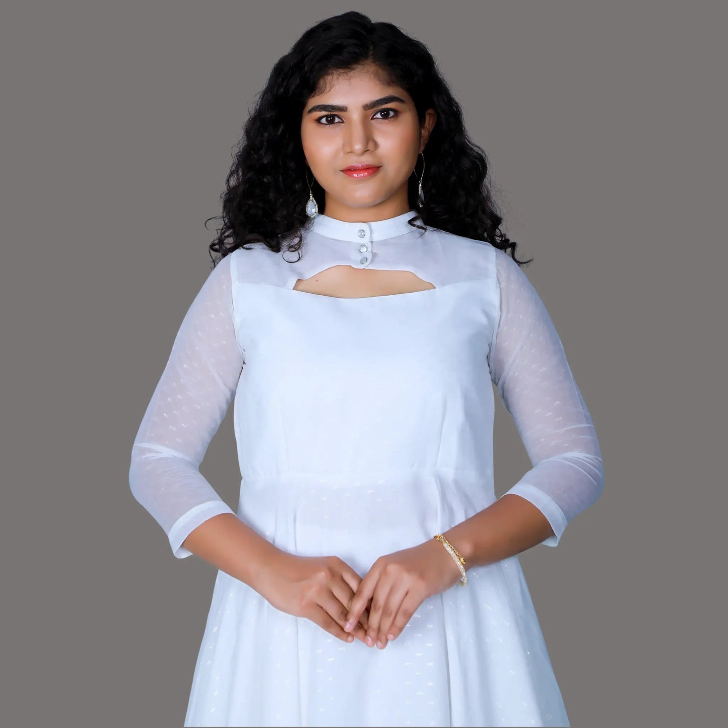 Women's White Chinese Collar Neck 3 layered Gown | S3G1057