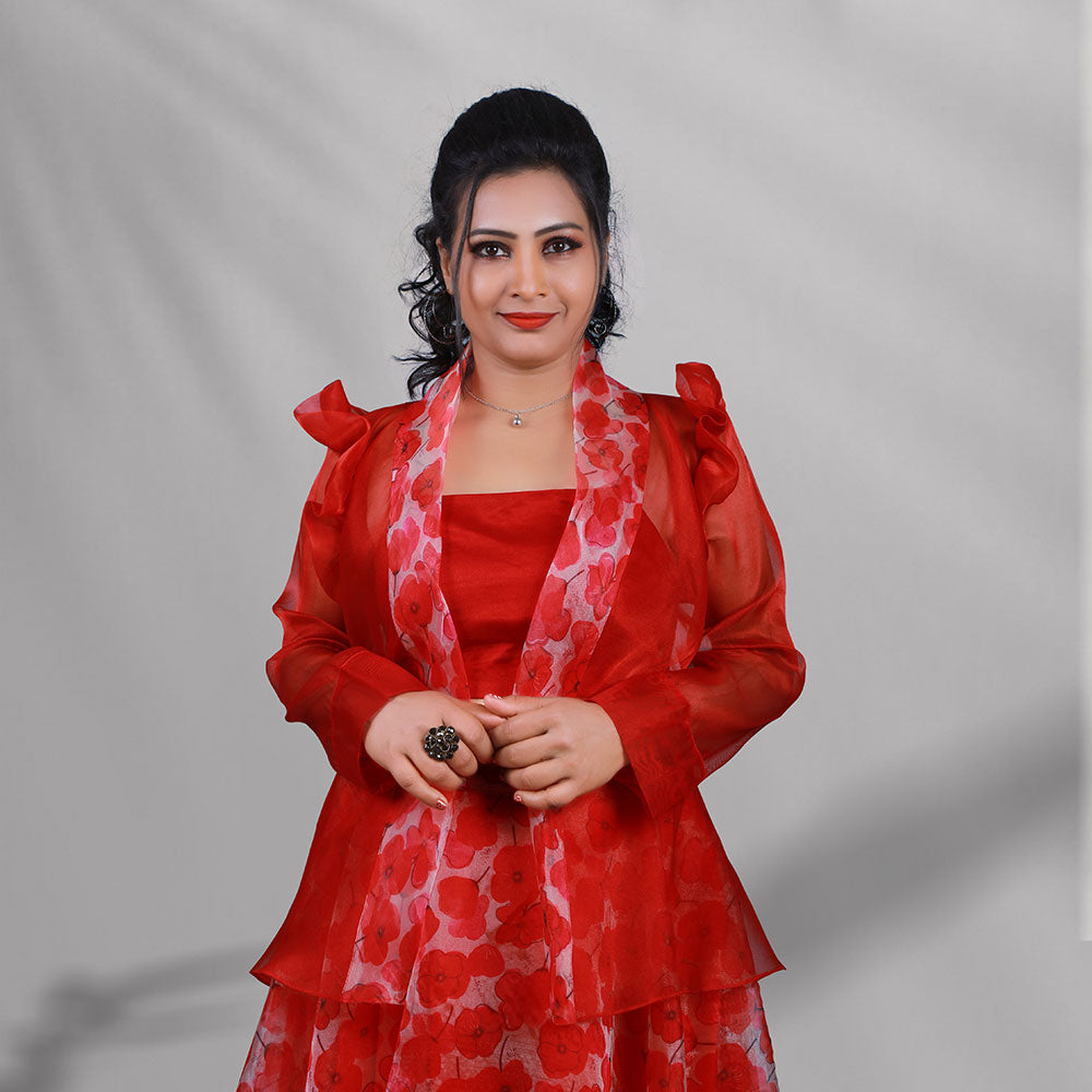 Red printed organza skirt & top with jacket |S3SST1079