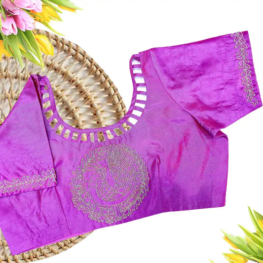 Purple Round Peacock Butta Zardosi Handi Craft Blouse | Zardosi Handi Craft