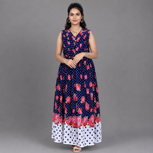 Womens Georgette Navy Blue Floral Printed Maxi | S3G934