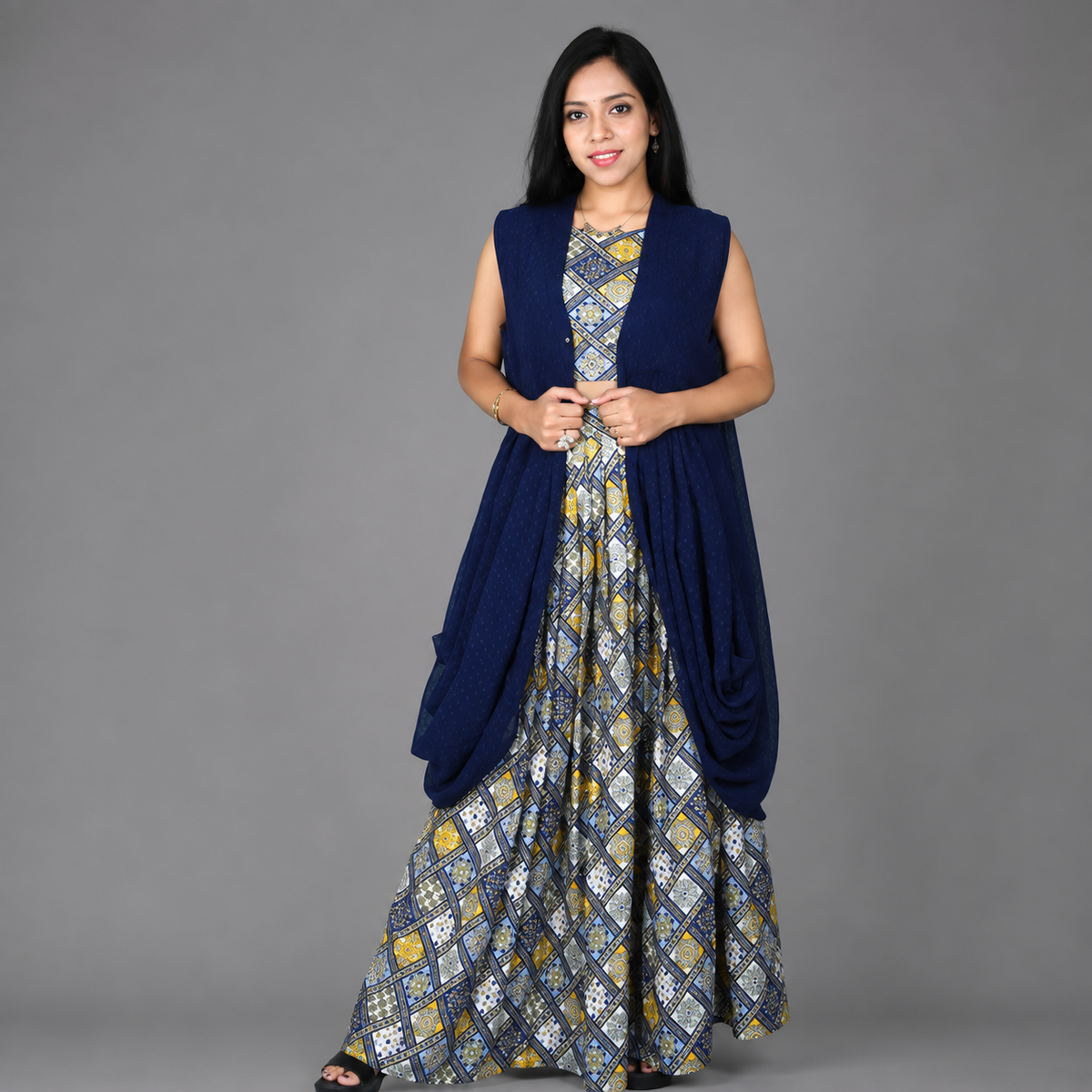 Navy Blue Butta Georgette Sleeveless Shrug | S3SBL1219A