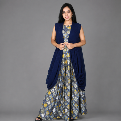 Navy Blue Butta Georgette Sleeveless Shrug | S3SBL1219A