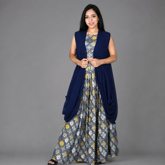 Navy Blue Butta Georgette Sleeveless Shrug | S3SBL1219A