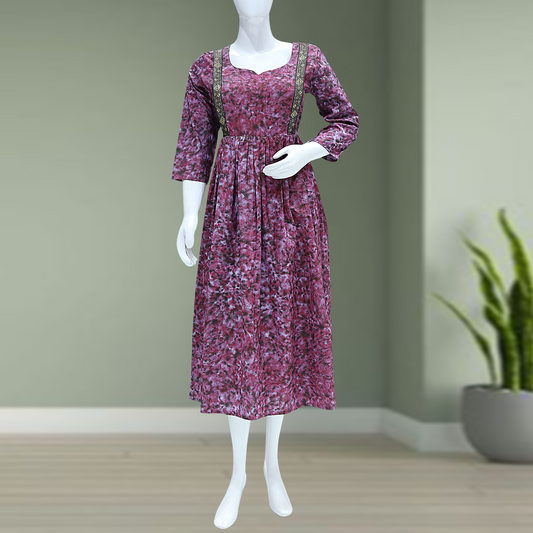 midi-length A-line dress with three-quarter sleeves