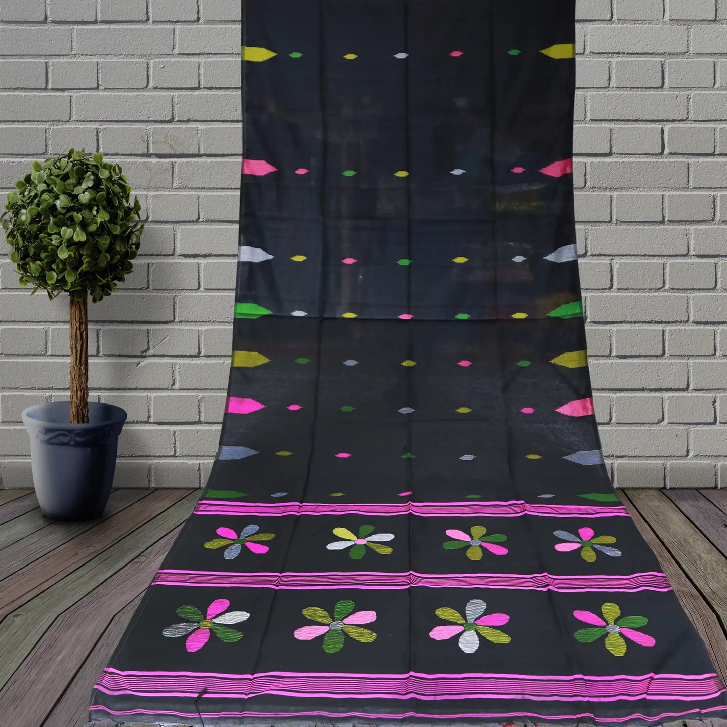 Lenin Soft Cotton Saree | Black Printed