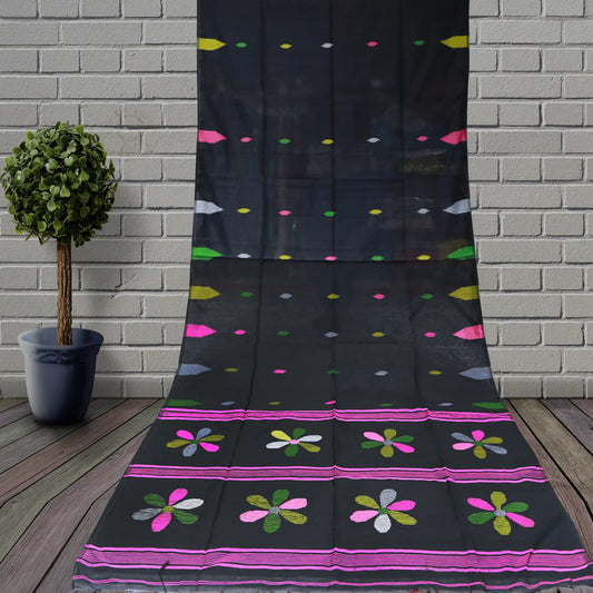 Lenin Soft Cotton Saree | Black Printed