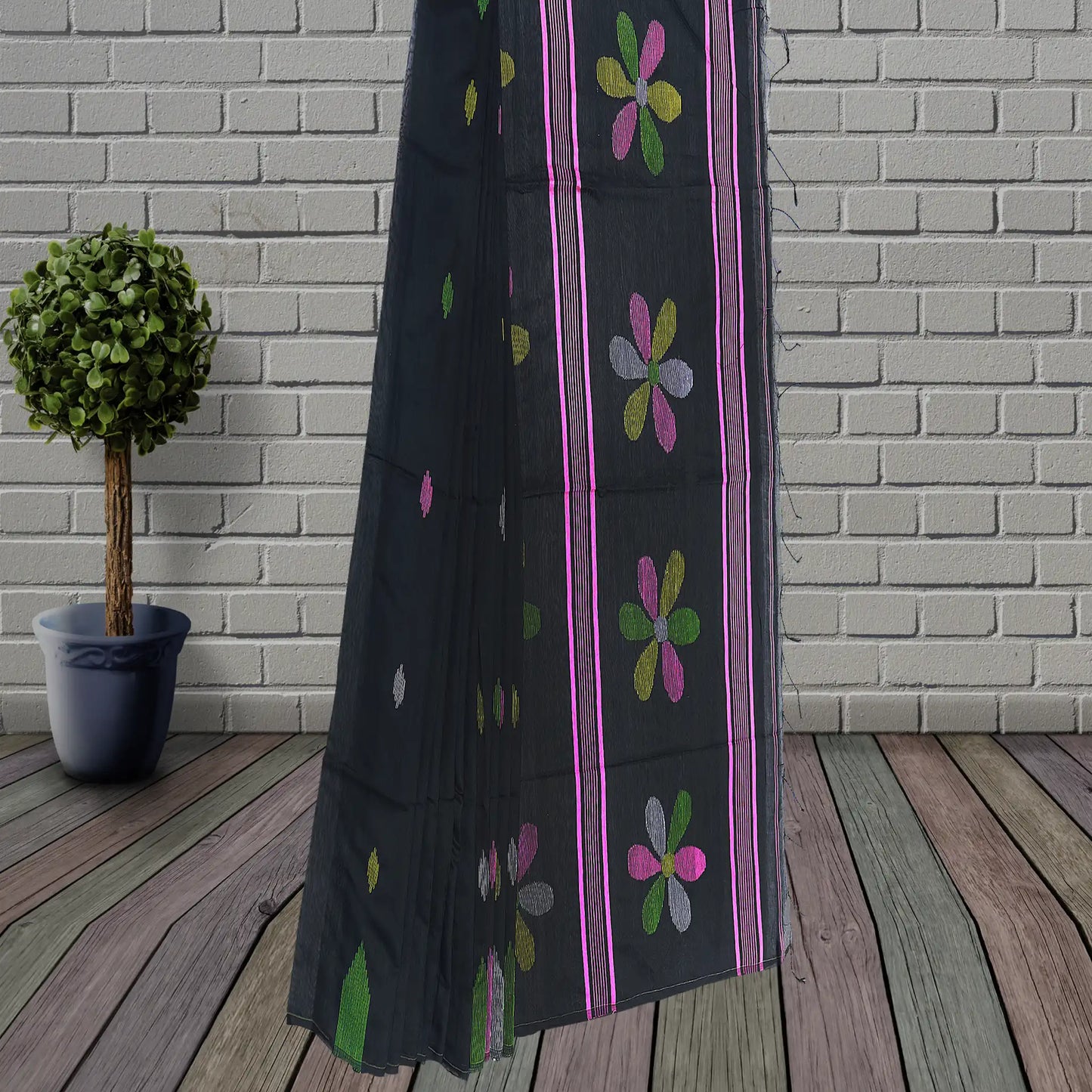 Lenin Soft Cotton Saree | Black Printed