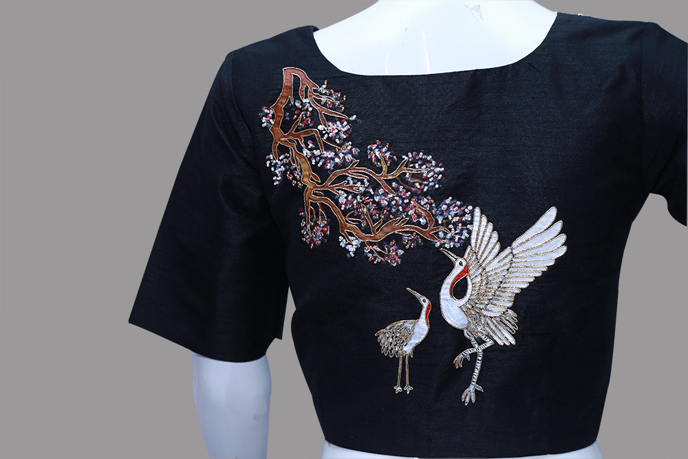 Japanese crane painting maggam work handicrafts blouse | S3B1175