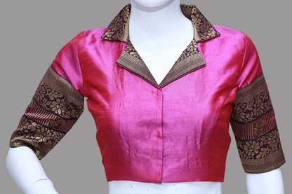 Women's Pink Collared V Neck pattu Blouse | Pink