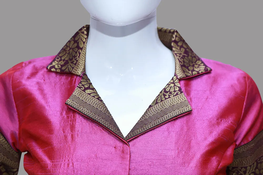 Women's Pink Collared V Neck pattu Blouse | Pink