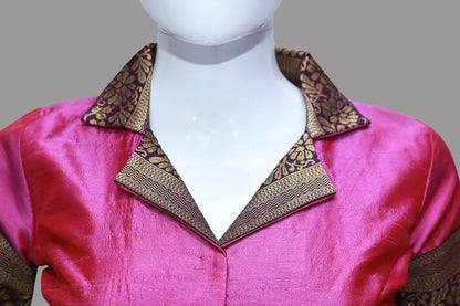Women's Pink Collared V Neck pattu Blouse | Pink