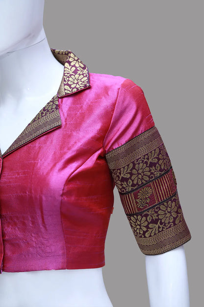Women's Pink Collared V Neck pattu Blouse | Pink