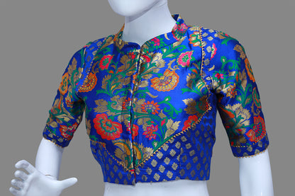Blue Floral Printed Collared Neck Blouse | S3B1236