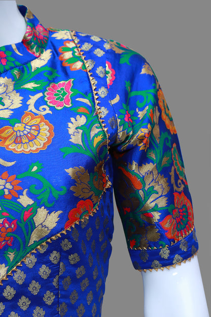 Blue Floral Printed Collared Neck Blouse | S3B1236