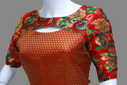 Red Floral Printed Pattu  Neck Pattu Blouse | S3B1235