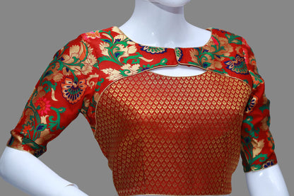 Red Floral Printed Pattu  Neck Pattu Blouse | S3B1235