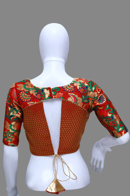 Red Floral Printed Pattu  Neck Pattu Blouse | S3B1235