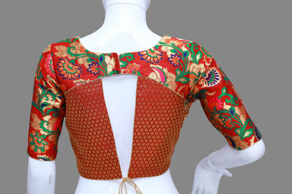 Red Floral Printed Pattu  Neck Pattu Blouse | S3B1235