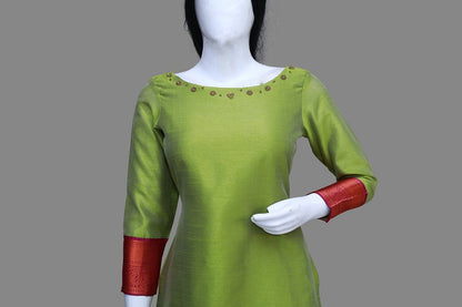 Green and Red Solid Boat Neck with Full Sleeves Sharara Dress | Green