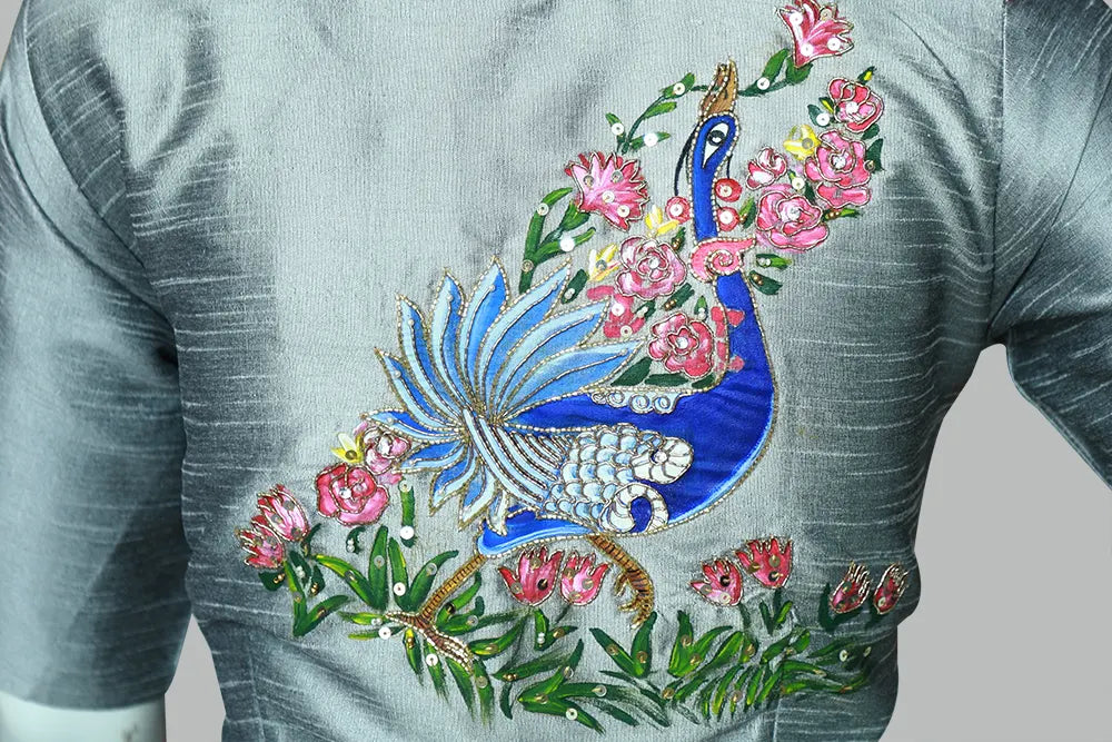 Peacock Hand Painted & Maggam Designer Blouse | S3B1210
