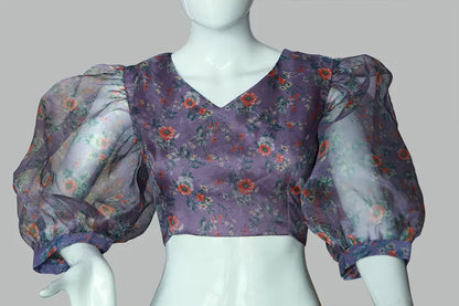 Baloon Sleeves Floral Printed Purple Organza Blouse | S3B1209