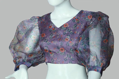 Baloon Sleeves Floral Printed Purple Organza Blouse | S3B1209